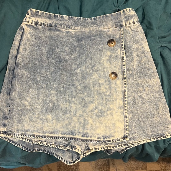 Sail Blue Acid Wash Asymmetric Twisted Wrapped Zipped Denim Skort